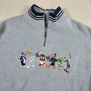 Vintage Warner Bros Looney Tunes Sweatshirt 1/4 Zip Size XS Gray Cartoons Studio